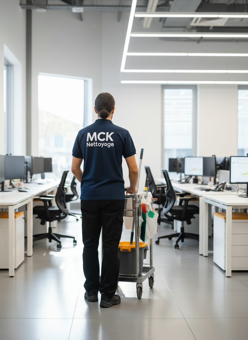 Photo réaliste d’une personne de dos en tenue de nettoyage, avec le logo de l’entreprise bien visible sur le tee-shirt, en train de nettoyer des bureaux modernes (open space lumineux, bureaux, chaises de bureau, écrans d’ordinateur) ambiance professionnelle et propre
