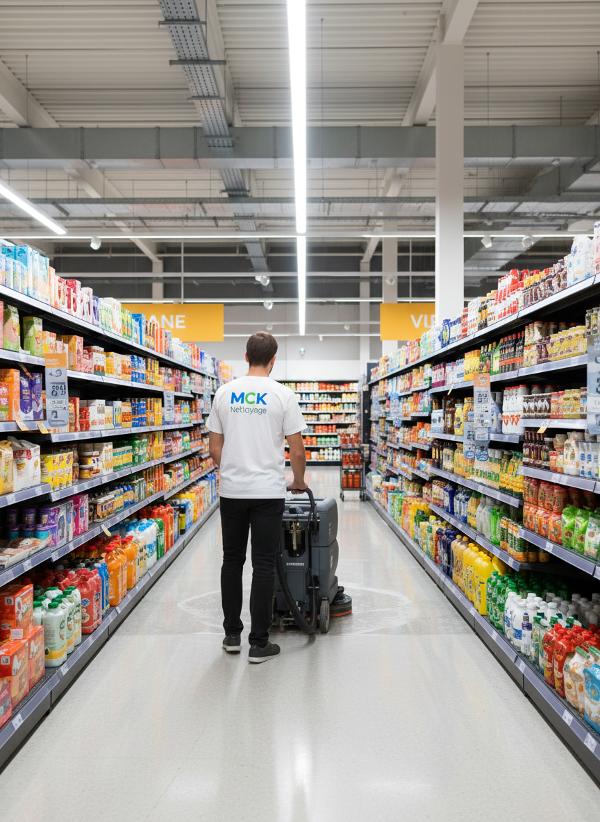 Photo réaliste d’une personne de dos portant un tee-shirt avec le logo MCK Nettoyage, en train de nettoyer le sol d’une grande surface type magasin ou supermarché, avec des rayons et produits visibles en arrière-plan, ambiance professionnelle et lumineuse.
